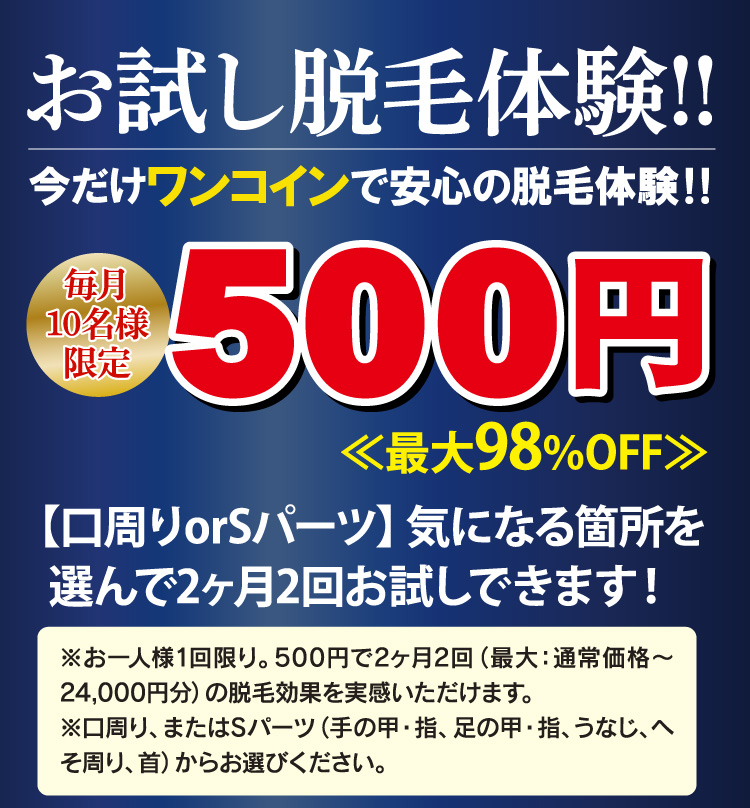 脱毛体験キャンペーン　2ヶ月0円（税込）